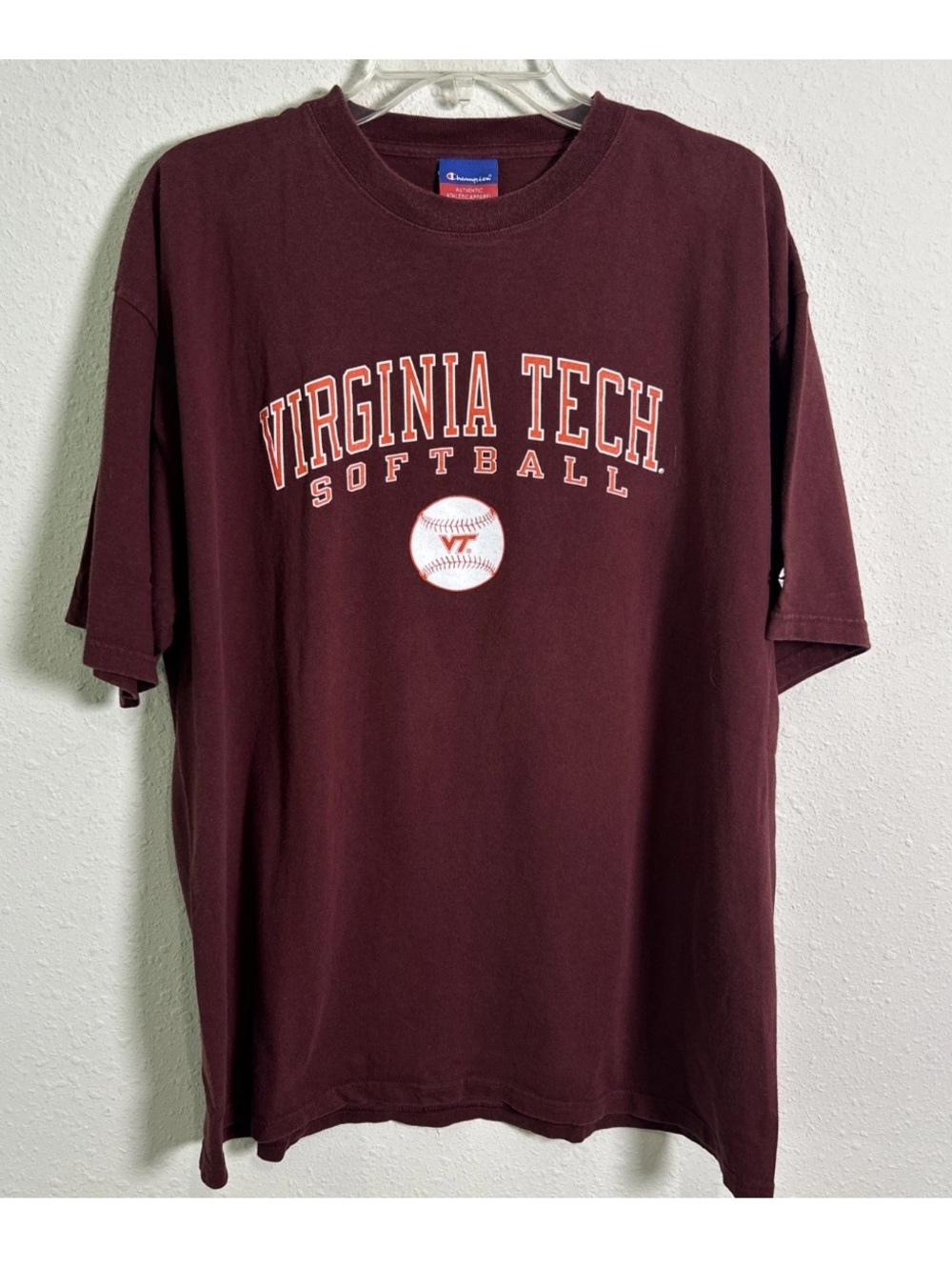 Vintage 90’s Champion Virginia Tech Hokies Softball T-Shirt Burgundy Men’s XL